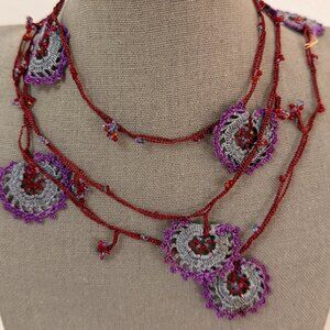 Collectable Traditional Turkish Oya Necklace Gray, Light Violet & Rust w Beads